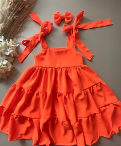 Vestido Laranja Neon Amarração no Ombro (Acompanha Laço de Cabelo) - comprar online