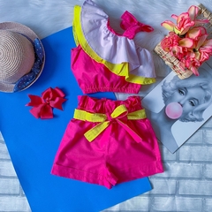 Conjunto Frufru Pink, Amarelo e Branco