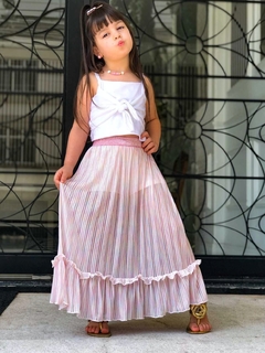 Conjunto Festa Prata e Rosa com Fios de Ouro (Cropped Metalizado+ Saia Tule com Short)