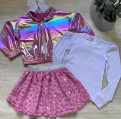 Conjunto 3 Peças Furta Cor (Jaqueta Metalizada + Saia com Shorts Coração + Blusa Manga Princesa) - comprar online