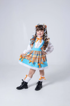 Conjunto Junino Xadrez Azul e Laranja (Salopete + Blusa + Tiara de Cabelo) - Coisas de Dondoquinha
