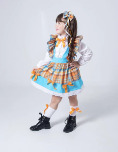 Conjunto Junino Xadrez Azul e Laranja (Salopete + Blusa + Tiara de Cabelo) - loja online