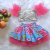 Conjunto Cropped Paetê Prata e Saia Tule Floral Azul Fan