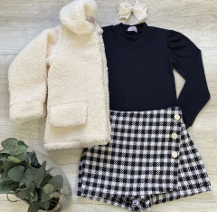 Conjunto 3 Peças Short Saia + Blusa + Jaqueta Pelinho Bege
