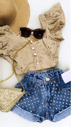 Conjunto Cropped Laise Bege + Short Jeans Pedrinhas