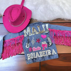 Jaqueta Jeans Barbie Boiadeira Franja Paetê Pink Personalizada com Nome
