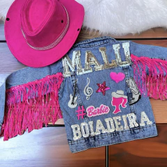Jaqueta Jeans Barbie Boiadeira Franja Paetê Pink Personalizada com Nome - comprar online