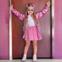 Conjunto 3 Peças Furta Cor (Jaqueta Metalizada + Saia com Shorts Coração + Blusa Manga Princesa)