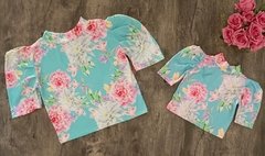 Blusa Manga Bufante Azul Floral tal mãe tal filha