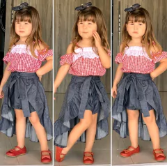 Conjunto Mullet Short Saia Jeans + Blusa Ciganinha Xadrez - Coisas de Dondoquinha