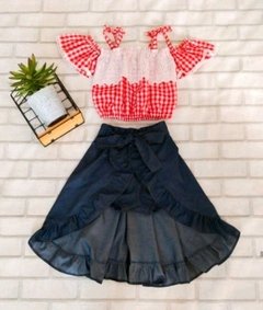 Conjunto Mullet Short Saia Jeans + Blusa Ciganinha Xadrez na internet
