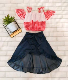 Conjunto Mullet Short Saia Jeans + Blusa Ciganinha Xadrez - loja online