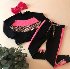 Conjunto Preto Calça e Moletom Detalhes Oncinha Pink Neon Mãe e Filha - Coisas de Dondoquinha
