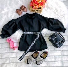 Vestido Moletom Preto Manga Bufante 3/4 com Cinto