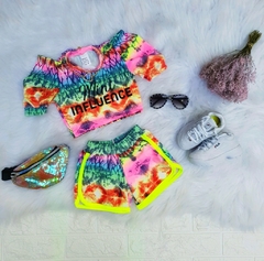 Conjunto Tie Dye Mini Influencer (short verde neon + blusa)