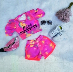 Conjunto Tie Dye Mini Influencer Roxo e Rosa Neon (Blusa + Short)