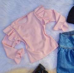 Blusa Manga Longa Rosa Frufru com Pérolas