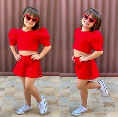 Conjunto Festa Vermelho Paetê (Short Godê + Blusa com Amarração)