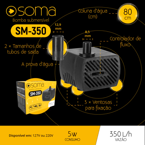 Bomba Submersa Soma Aquários SM-350 ( 350L/H) - 127V