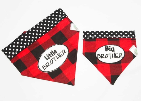 Bandana poá preto e branco + flanela xadrez vermelho e preto com bordado "Brother" ou "Sister"