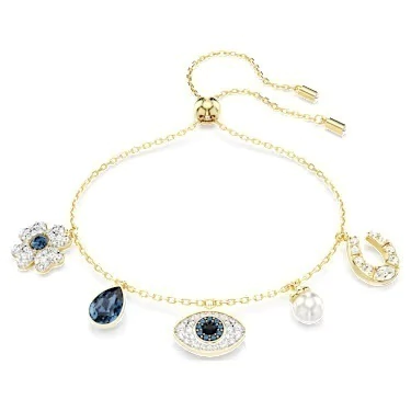Pulsera Symbolica de Swarovski, perla de cristal, trébol, ojo turco y herradura, azul, baño dorado - comprar online