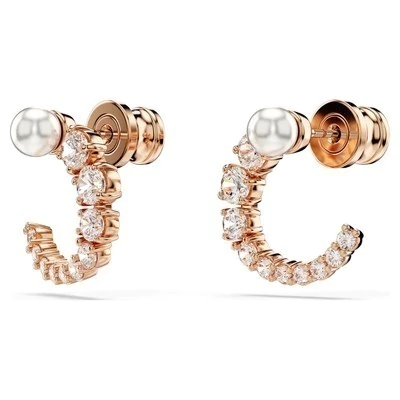 Pendientes de aro Matrix, Crystal Pearl, Talla redonda, Blancos, Recubrimiento Baño Tono oro rosa