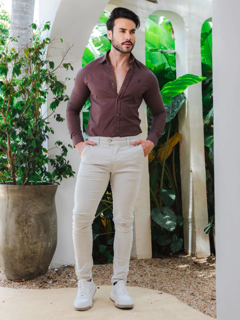 Camisa Ibiza Slim Linho Flamê Marrom Tabaco - Conquest