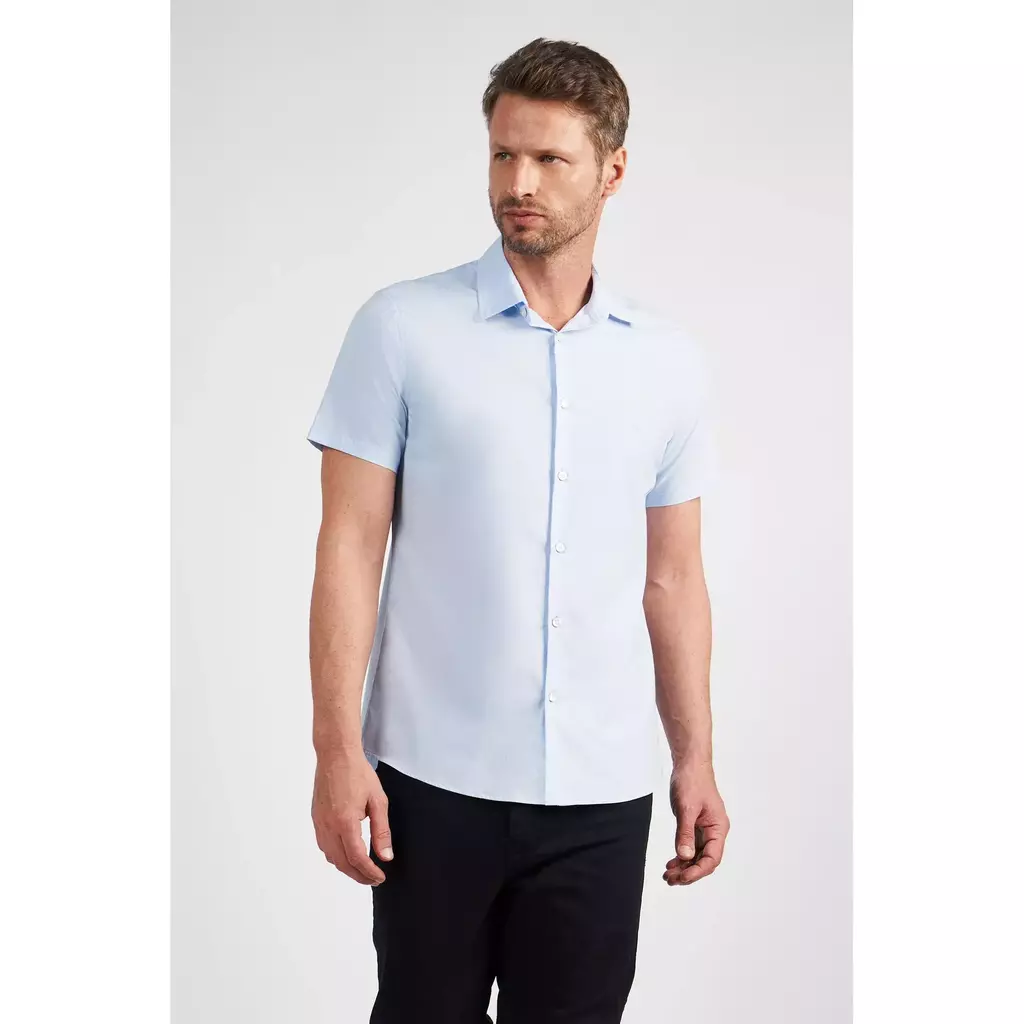 Camisa Slim Elastano Manga Curta Azul Claro - Acostamento - Kamarim Patos