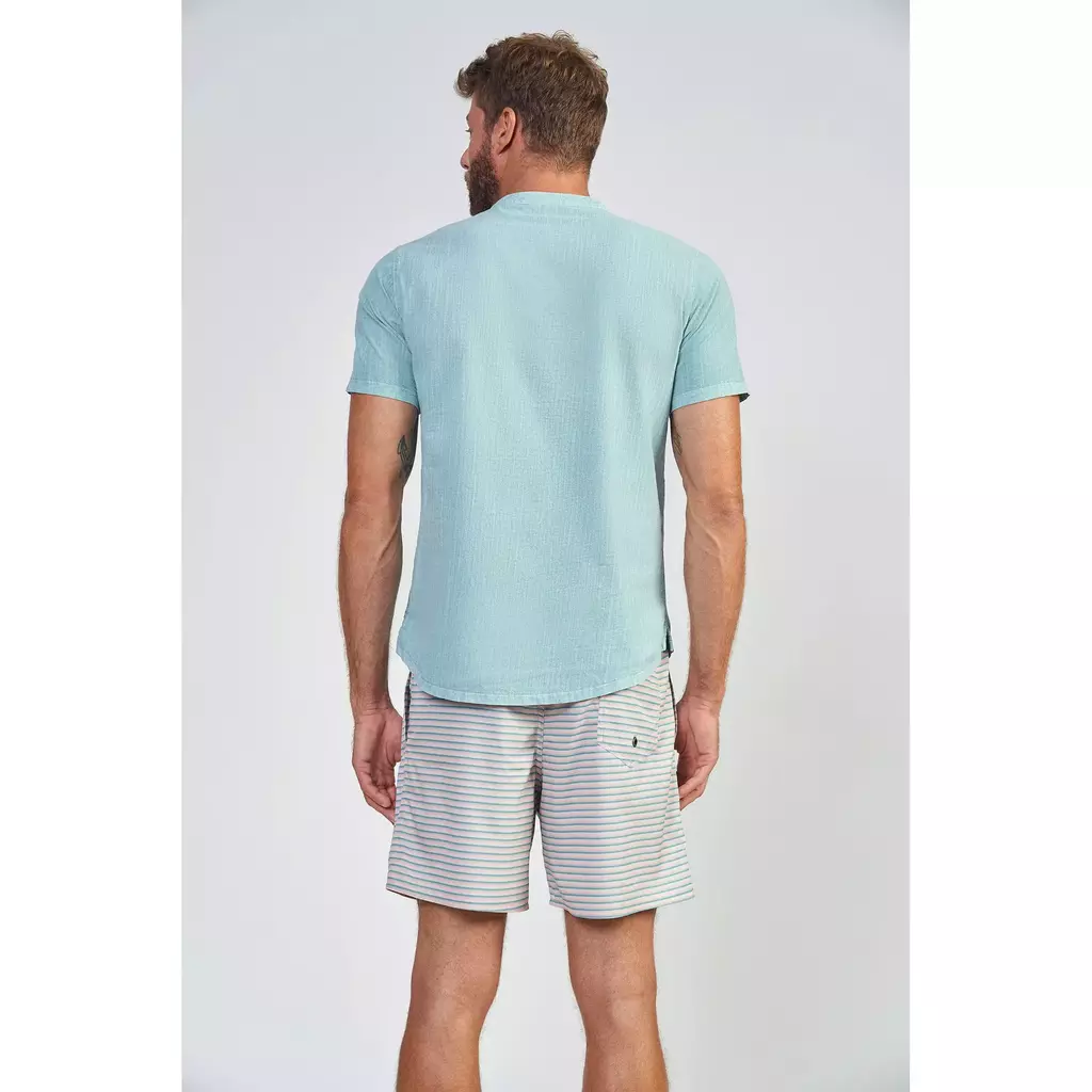 Camisa Bata Wash Linho Manga Curta Verde Urano - Acostamento - Kamarim Patos