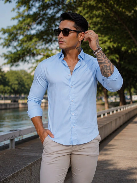 Camisa Basic Slim M. Longa Azul Claro 4010 - Conquest na internet