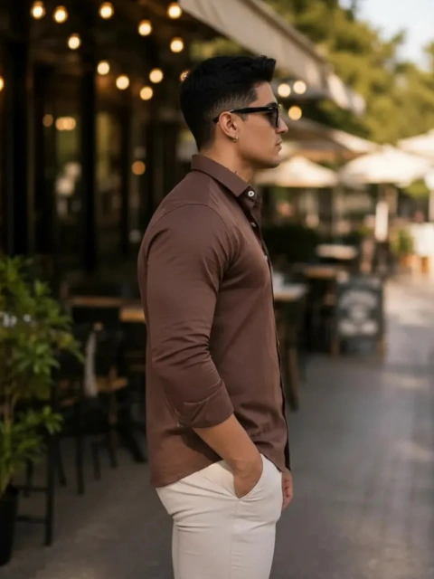 Camisa Basic Slim M. Longa Marrom Café 4010 - Conquest - Kamarim Patos