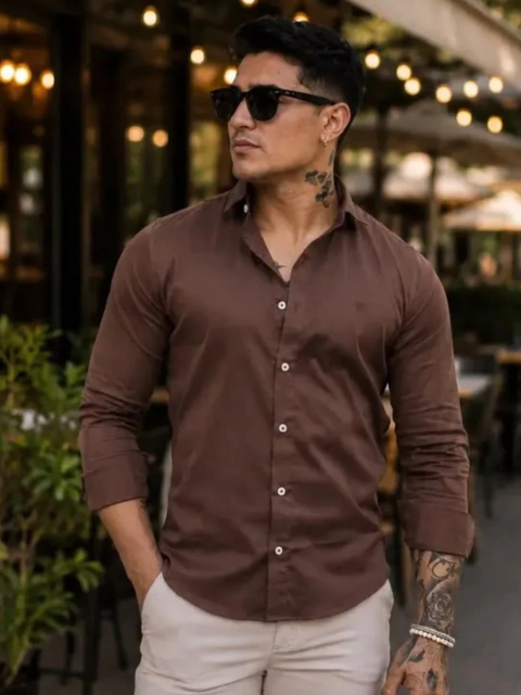 Camisa Basic Slim M. Longa Marrom Café 4010 - Conquest na internet