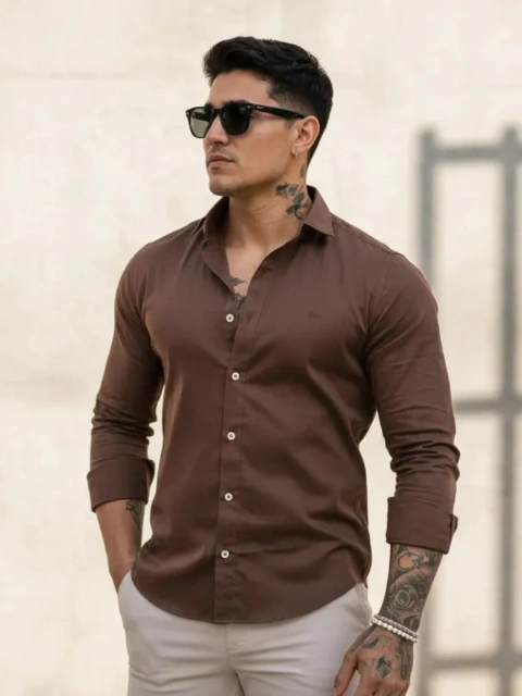 Camisa Basic Slim M. Longa Marrom Café 4010 - Conquest