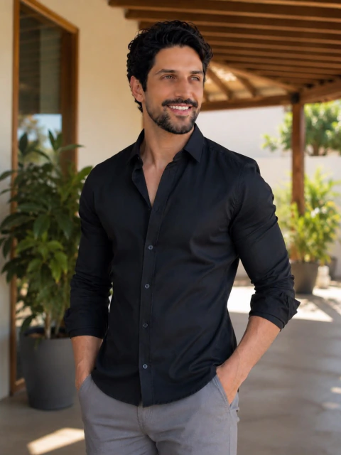 Camisa Amalfi Slim M. Longa Preta 5020 - Conquest