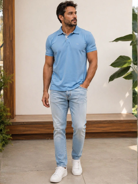 Camiseta Gola Polo Casual Slim Azul Claro 1220 - Ogochi - Kamarim Patos