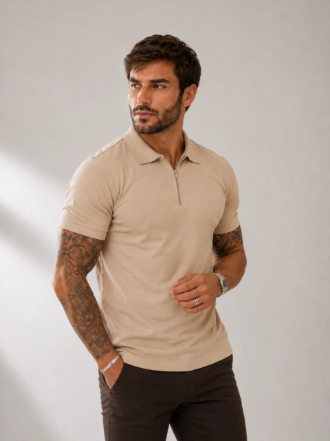 Camiseta Gola Polo Zíper Areia 525 - LPG