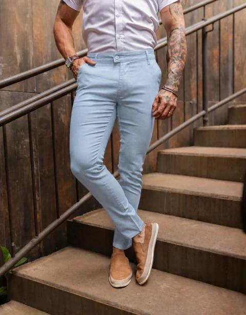 Calça Alfaiataria Skinny Amsterdã Acetinada Azul Neblina - Conquest