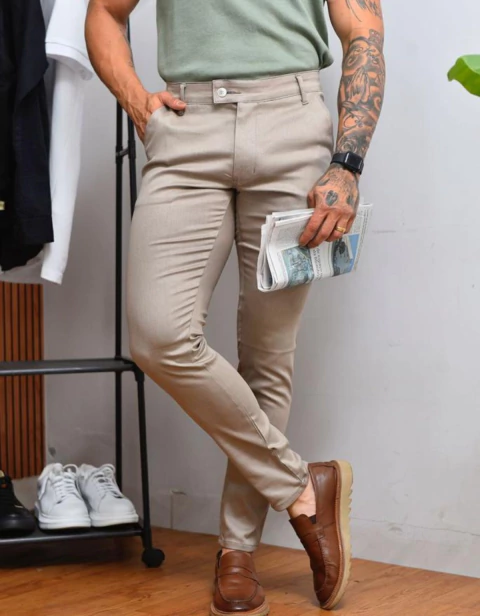 Calça Alfaiataria Skinny Amsterdã Acetinada Khaki - Conquest