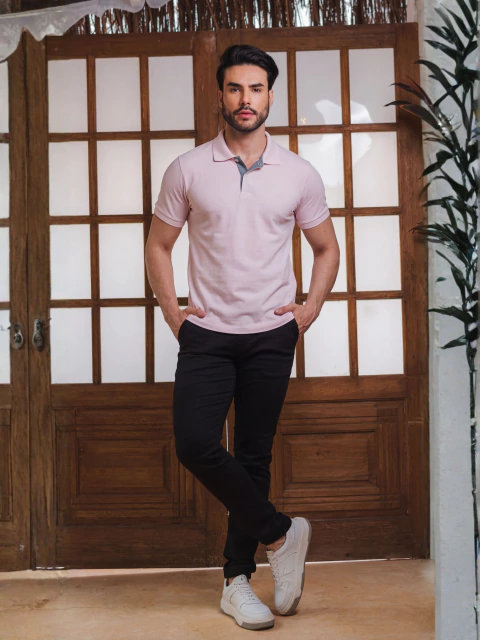 Camiseta Gola Polo Casual Slim Rosa Claro - Ogochi - Kamarim Patos