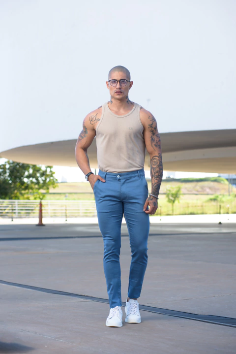 Calça Alfaiataria Skinny Amsterdã Acetinada Azul Artico - Conquest - Kamarim Patos
