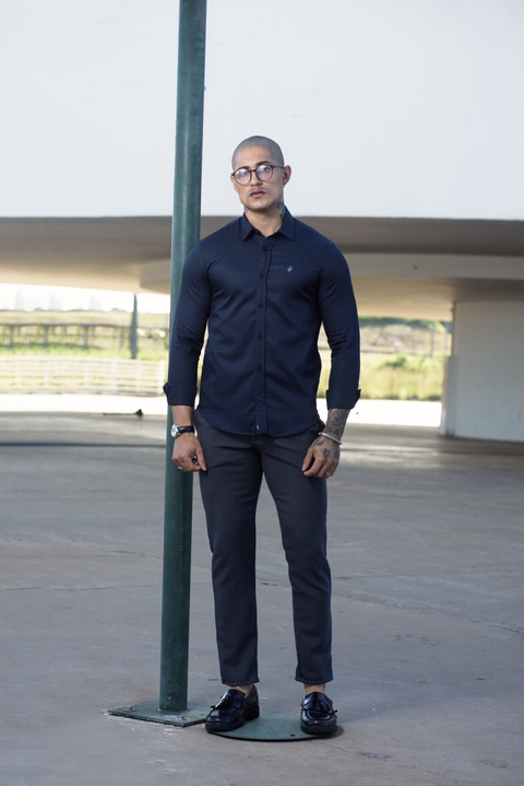 Imagem do Camisa Social Maquinetada M. Longa Slim Azul Marinho 2032 - Conquest