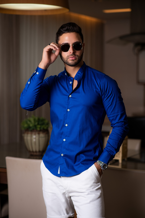 Camisa Social M.Longa Slim Fit Azul Royal - Gola Padre - Conquest - comprar online