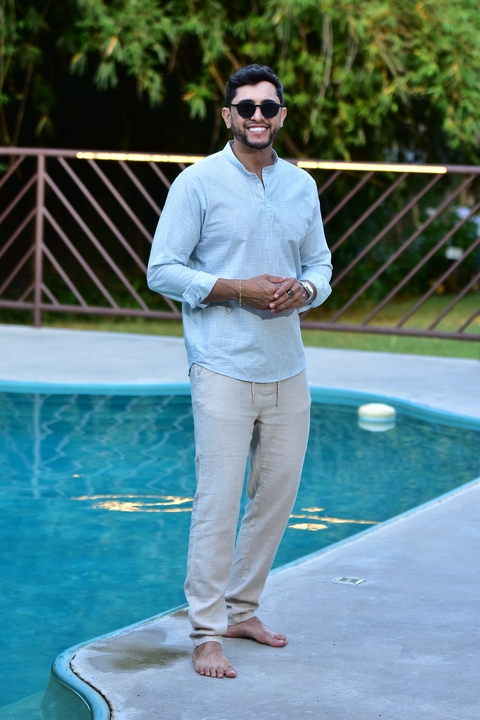 Camisa Bata Linho Manga Longa Azul Listrada - Ogochi - comprar online