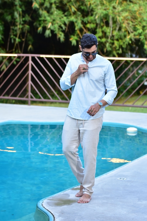 Imagem do Camisa Bata Linho Manga Longa Azul Listrada - Ogochi