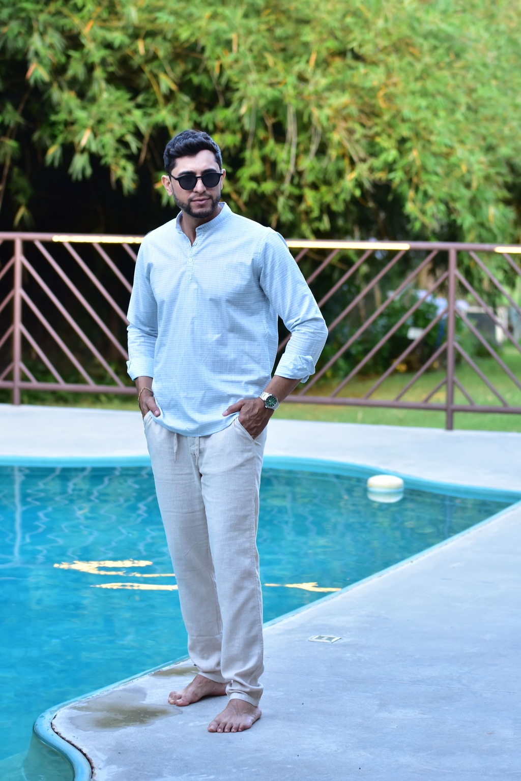Camisa Bata Linho Manga Longa Azul Listrada - Ogochi - Kamarim Patos