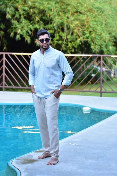 Camisa Bata Linho Manga Longa Azul Listrada - Ogochi - Kamarim Patos
