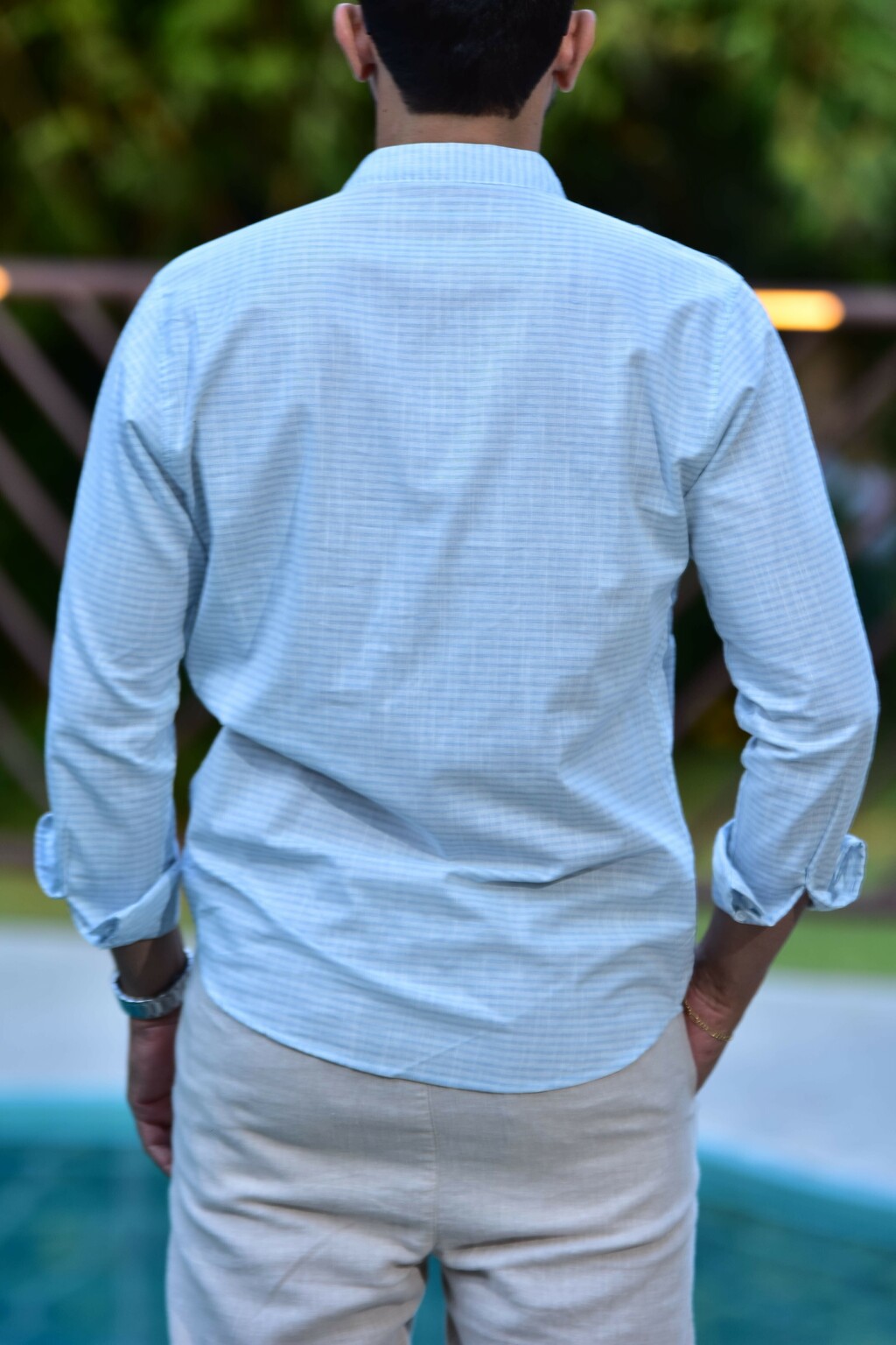 Camisa Bata Linho Manga Longa Azul Listrada - Ogochi