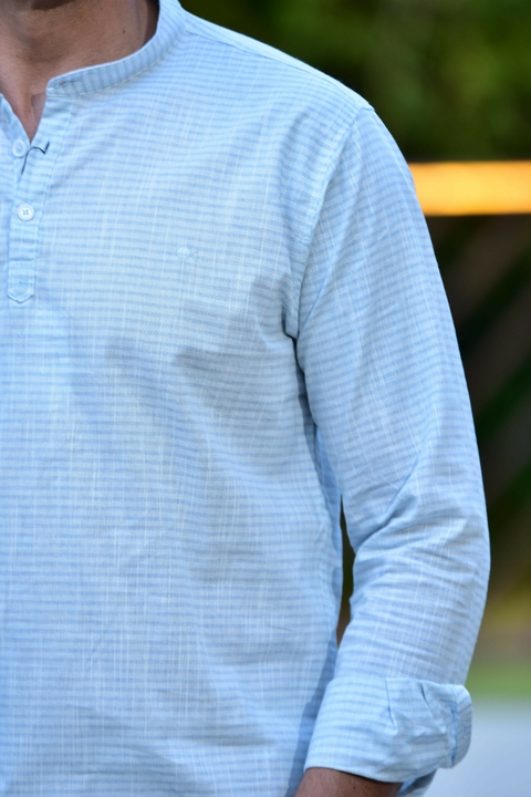 Camisa Bata Linho Manga Longa Azul Listrada - Ogochi - loja online