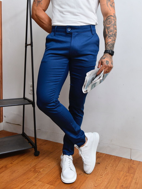 Calça Alfaiataria Skinny Amsterdã Acetinada Azul Nave - Conquest