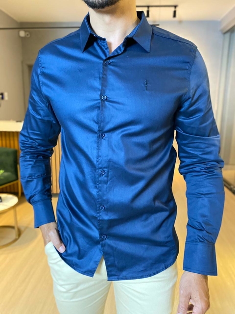 Camisa Social Acetinada Relaxed Fit Azul Marinho - Zip Off